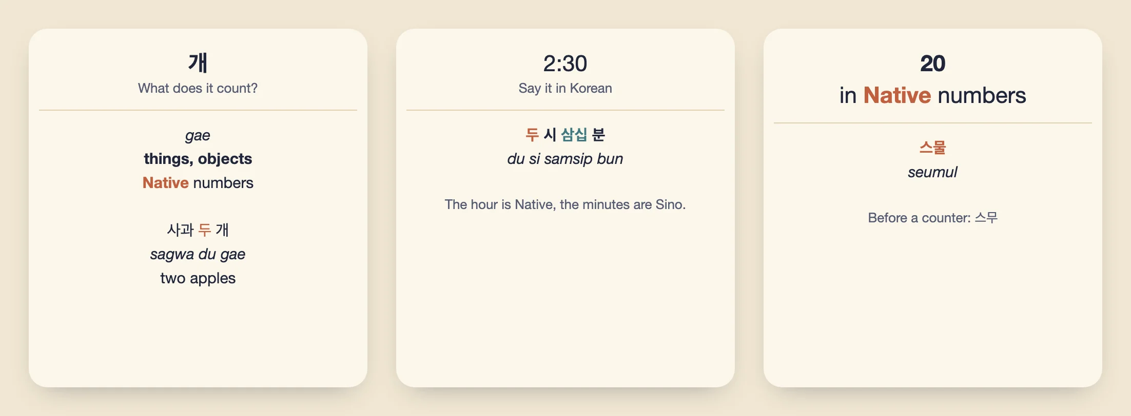 Three cards from the Anki deck: a counter, a phrase to say in Korean, and a number