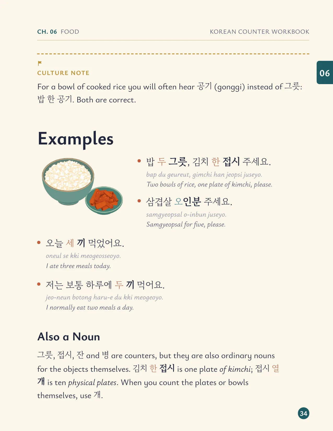 Real sentences with romanization and English under each one.